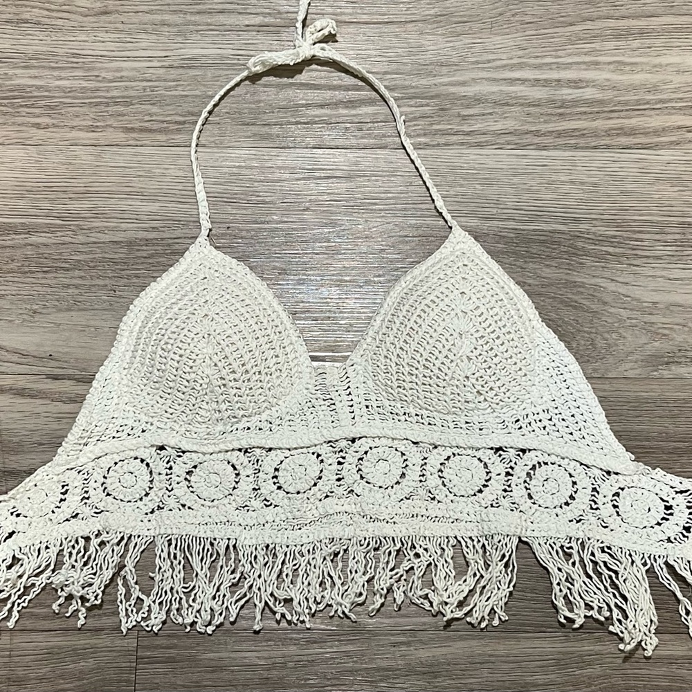 SHEIN White Crochet Fringe Top